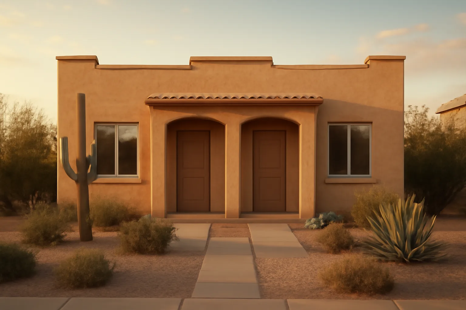 Stucco Phoenix rental duplex with desert landscaping at golden hour
