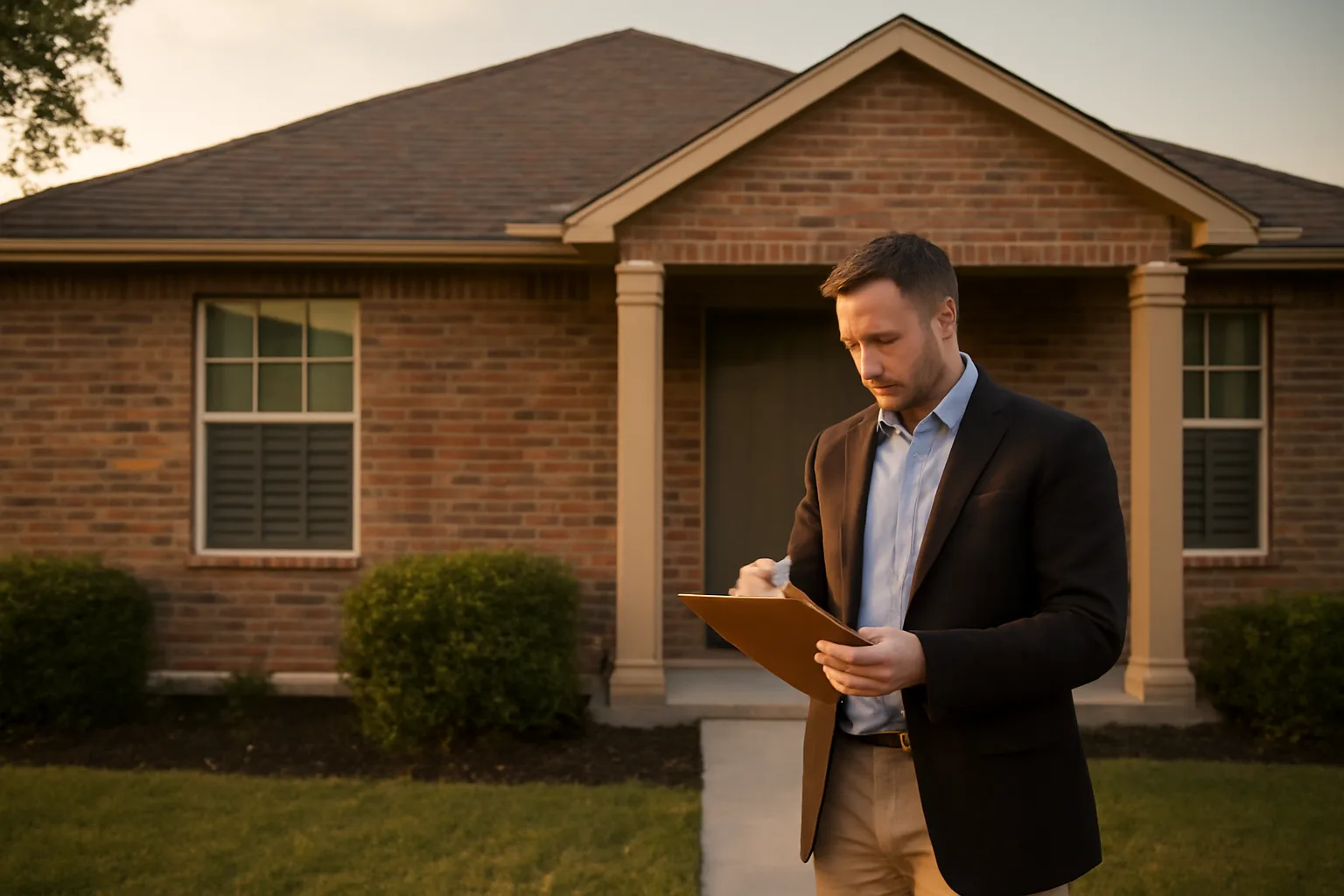 Landlord reviewing a clipboard outside a Texas rental home at dusk