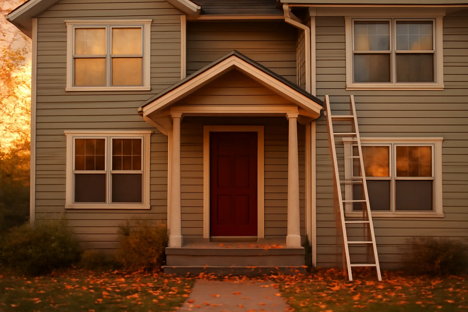 Colorado landlord duplex exterior with ladder and porch at golden hour