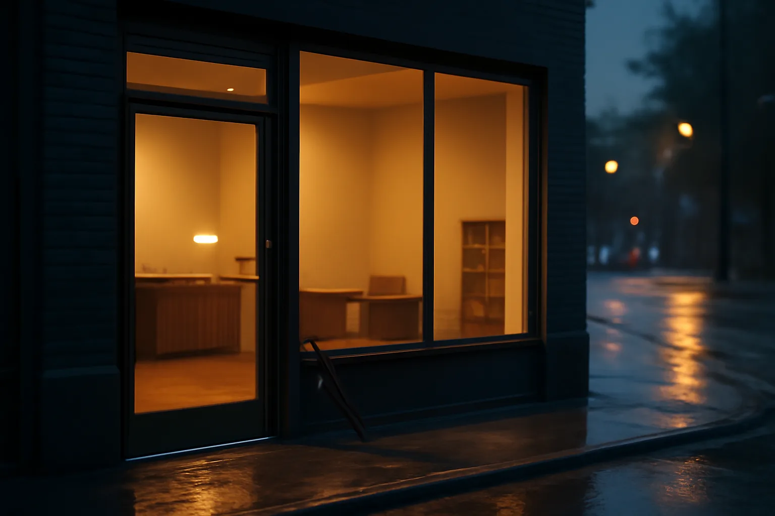 Small commercial storefront at dusk illustrating landlord and tenant property insurance responsibilities