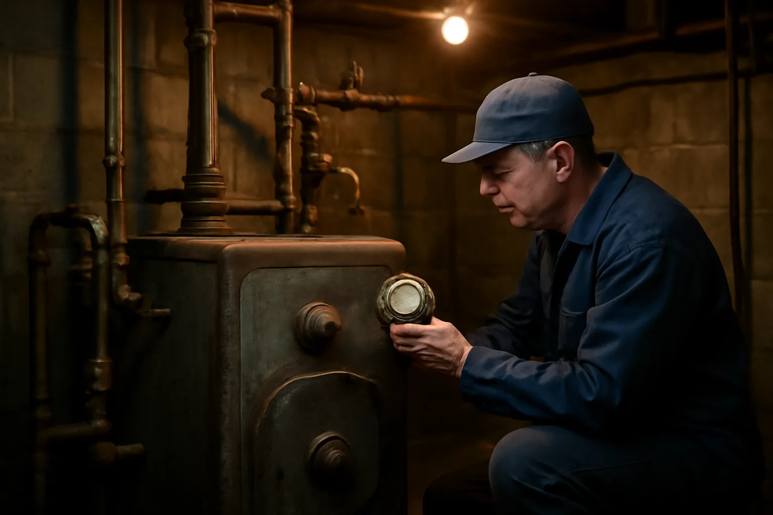 technician inspecting an old cast-iron boiler in a rental property basement