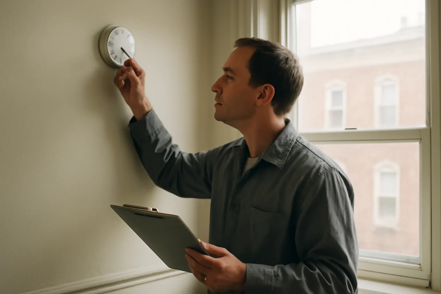Housing inspector checking a smoke alarm during a DC rental inspection