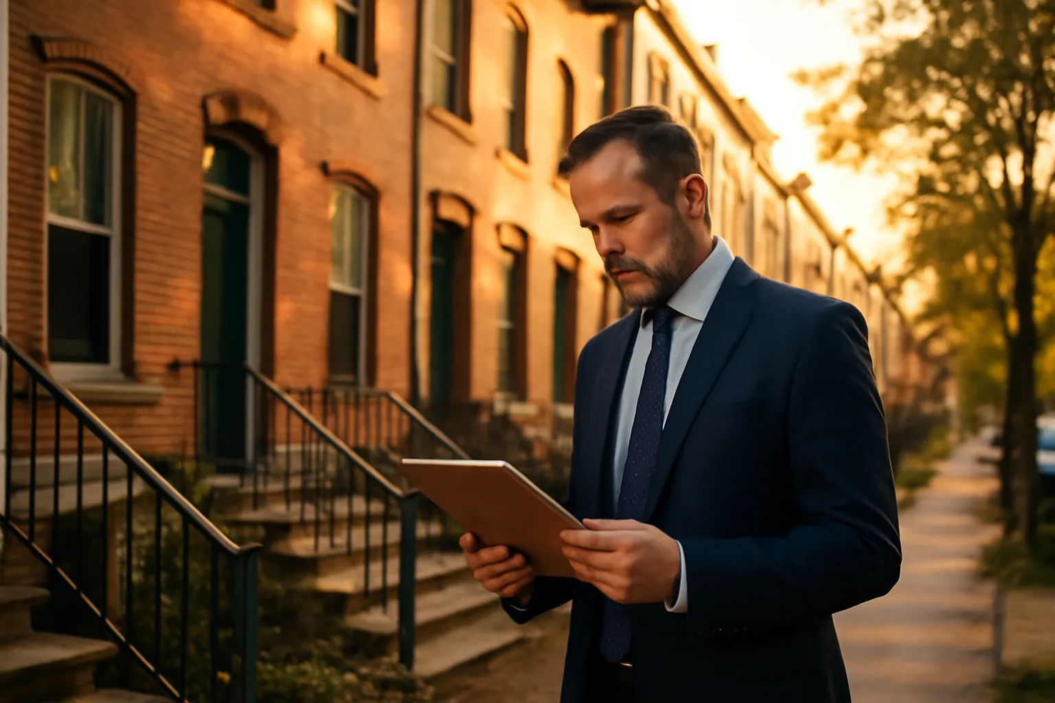 Landlord reviewing property notes on a DC rowhouse stoop at dusk