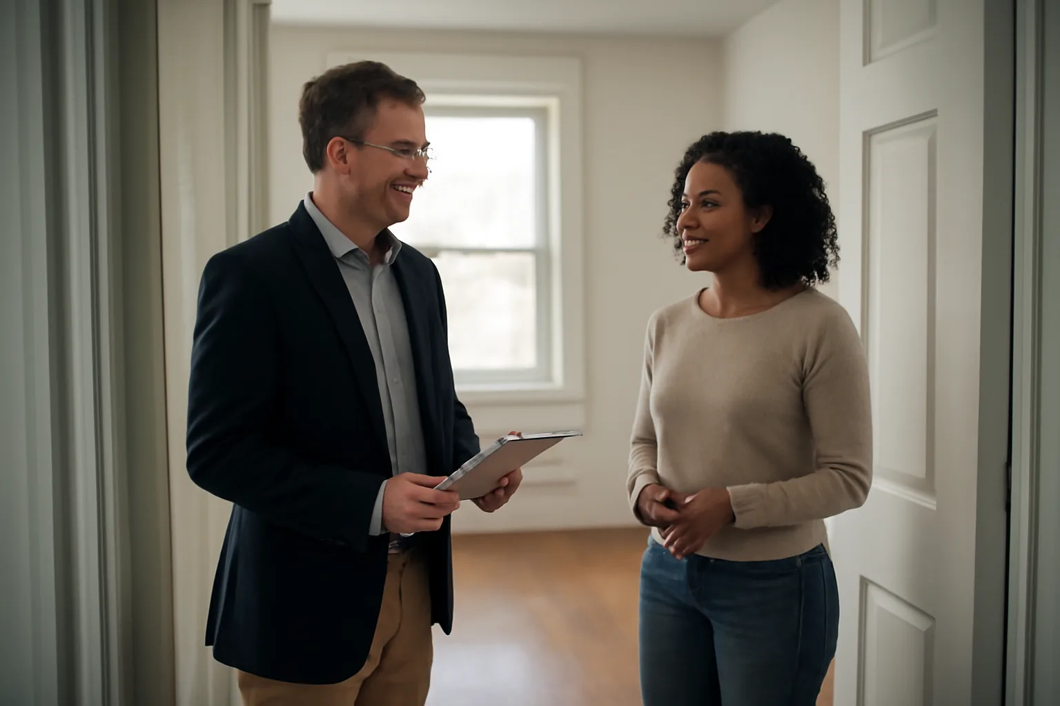 Landlord and applicant reviewing an empty apartment during a Delaware rental application walk-through