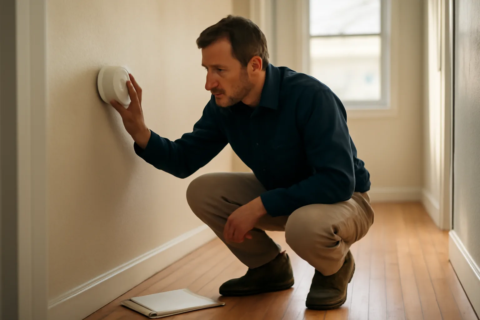 Inspector checking a smoke alarm during a Denver rental property inspection