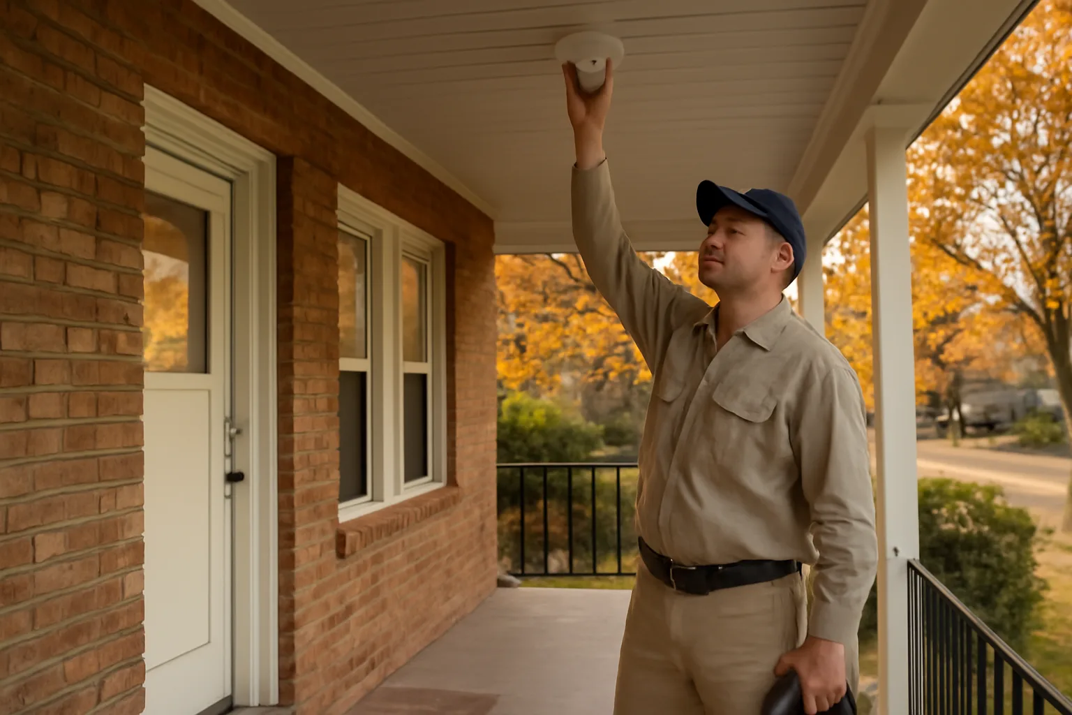 Landlord inspecting a smoke detector on a Denver rental property porch