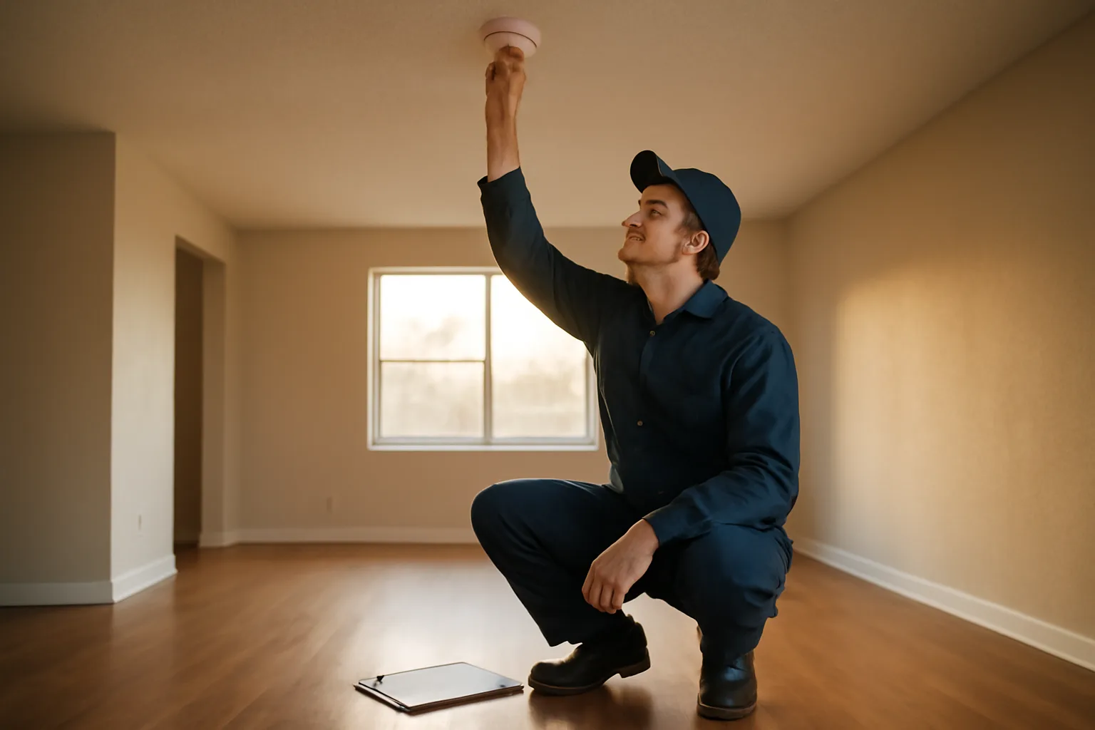 Landlord inspecting a smoke detector during a rental unit walk-through inspection