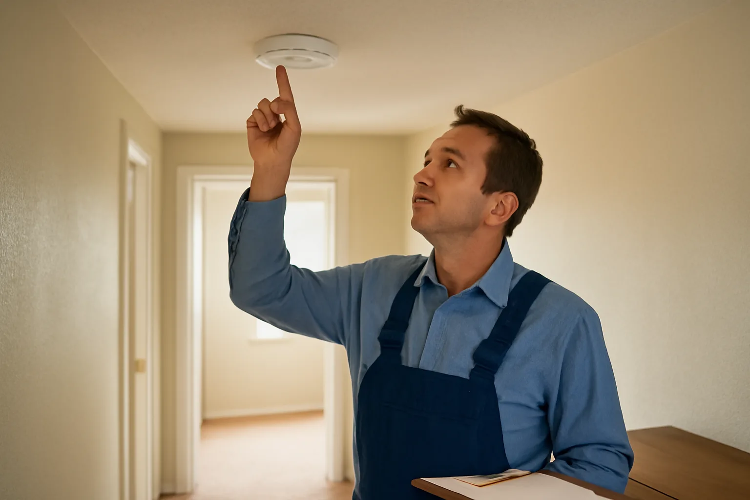 Landlord checking a smoke detector during a rental property inspection walk-through