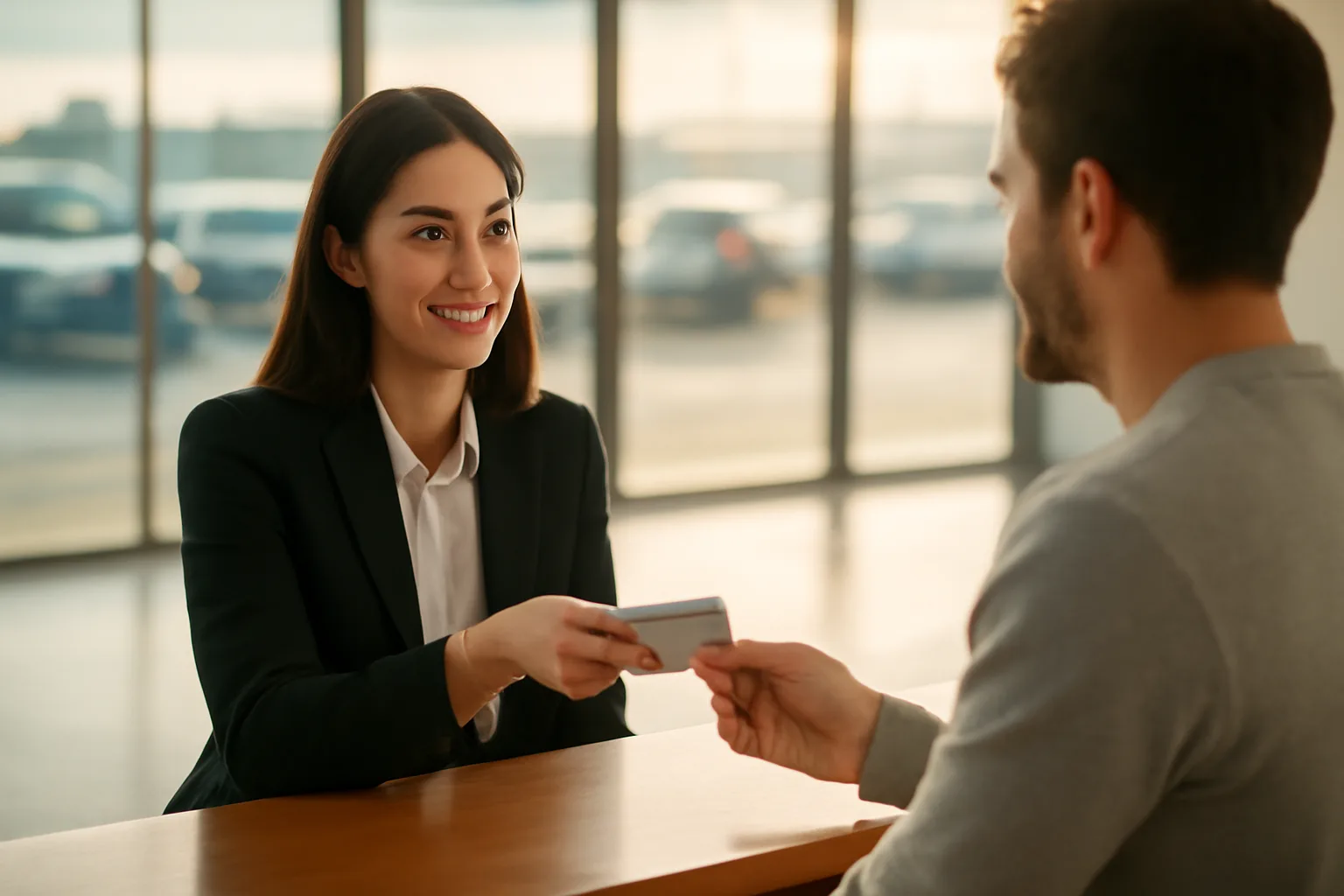 Rental car agent returning a driver's license to a customer at an airport counter
