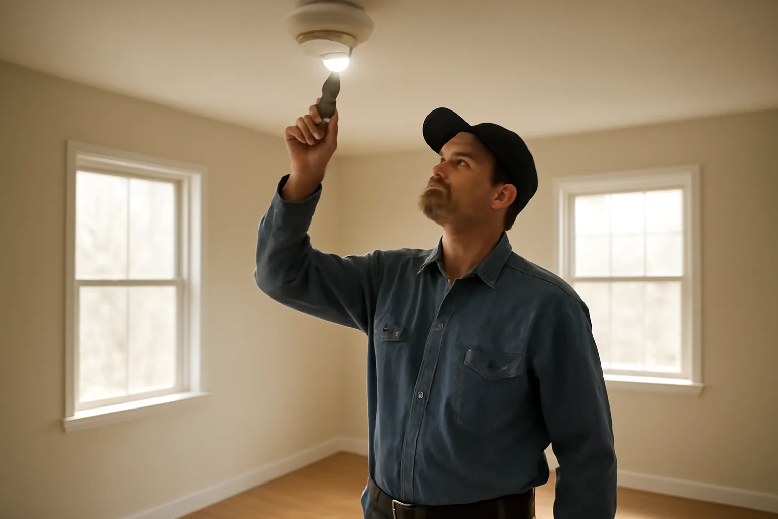 Landlord inspecting a smoke detector in an empty rental unit during a walk-through
