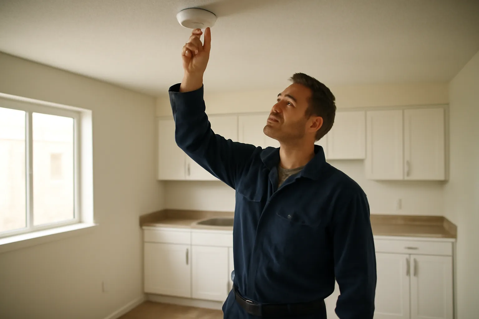 Landlord checking a smoke detector during a rental unit inspection walk-through