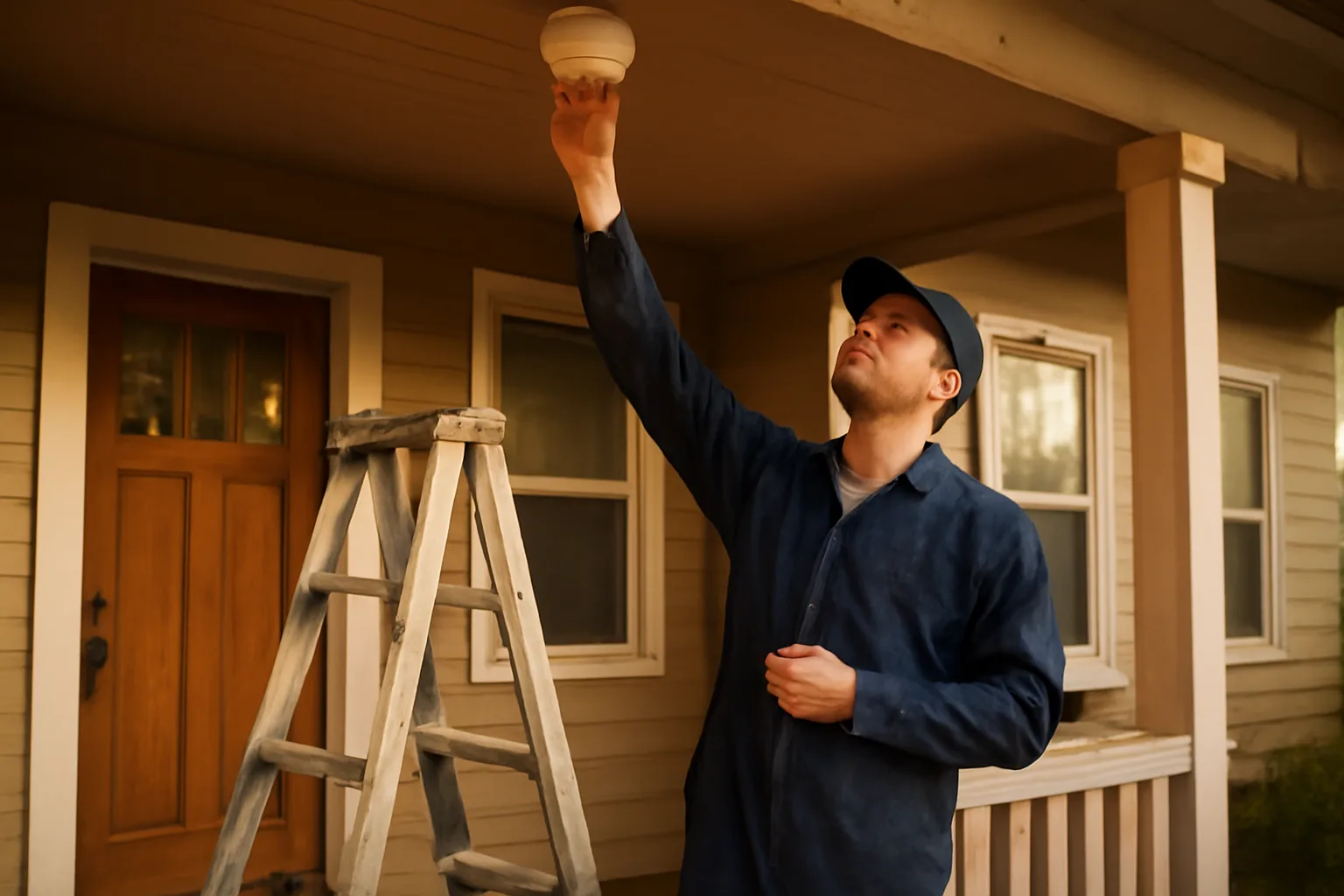 Landlord checking a smoke detector on a rental property porch ceiling