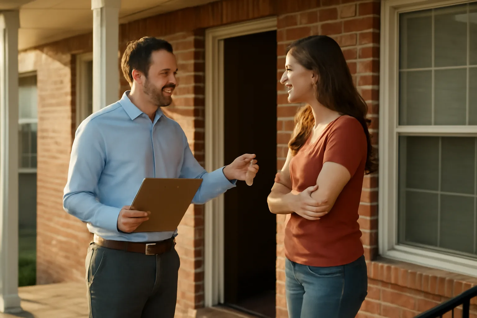 Landlord and tenant talking at rental duplex doorway about entry notice