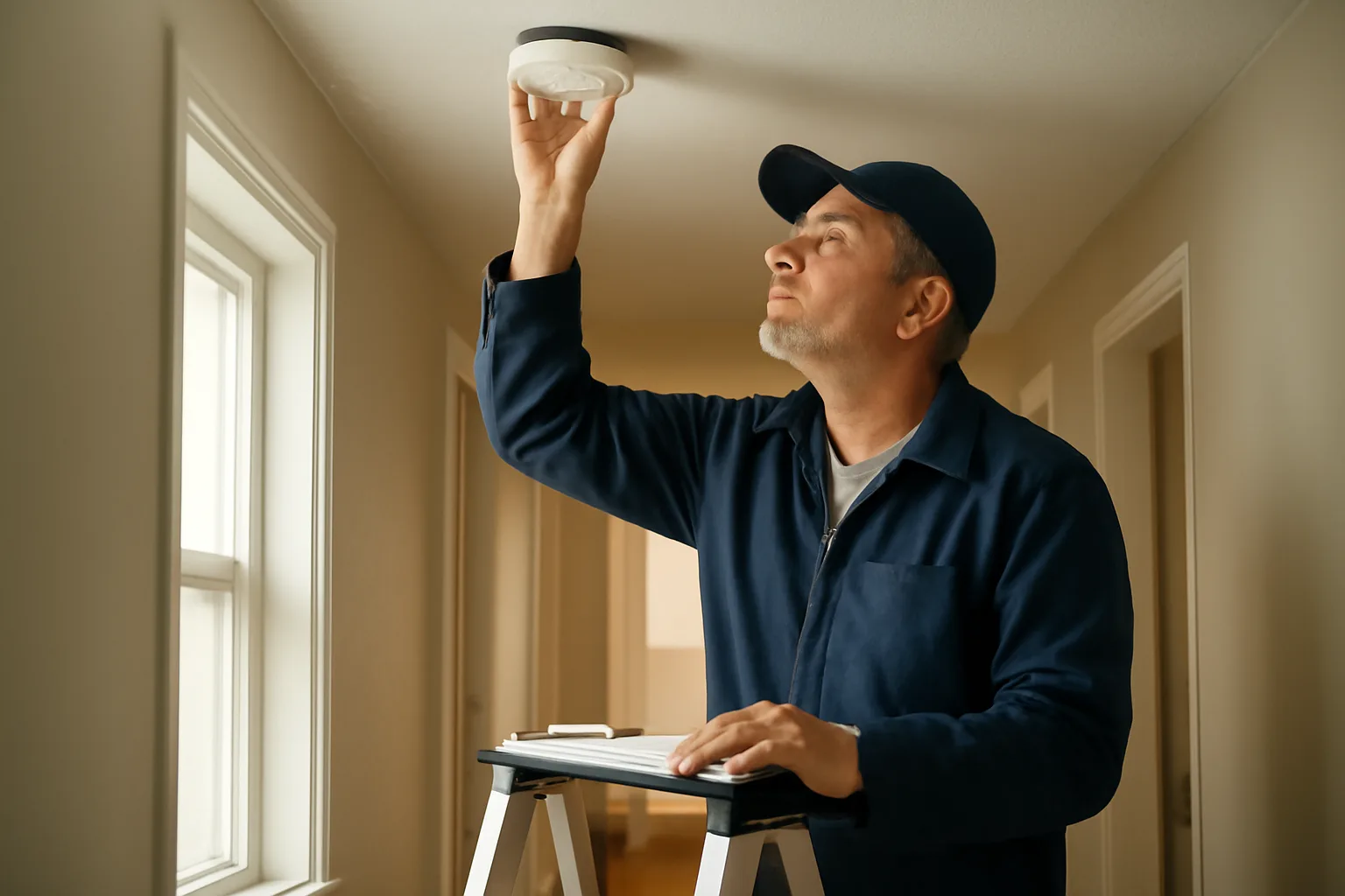 Landlord testing a smoke detector during a rental property inspection walk-through