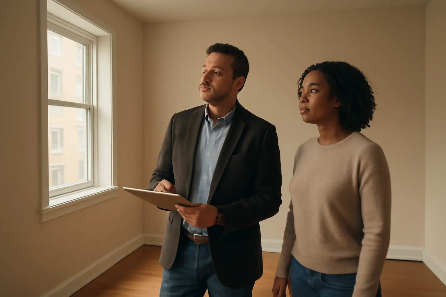 Landlord and tenant reviewing an empty apartment during a rental walkthrough checklist inspection