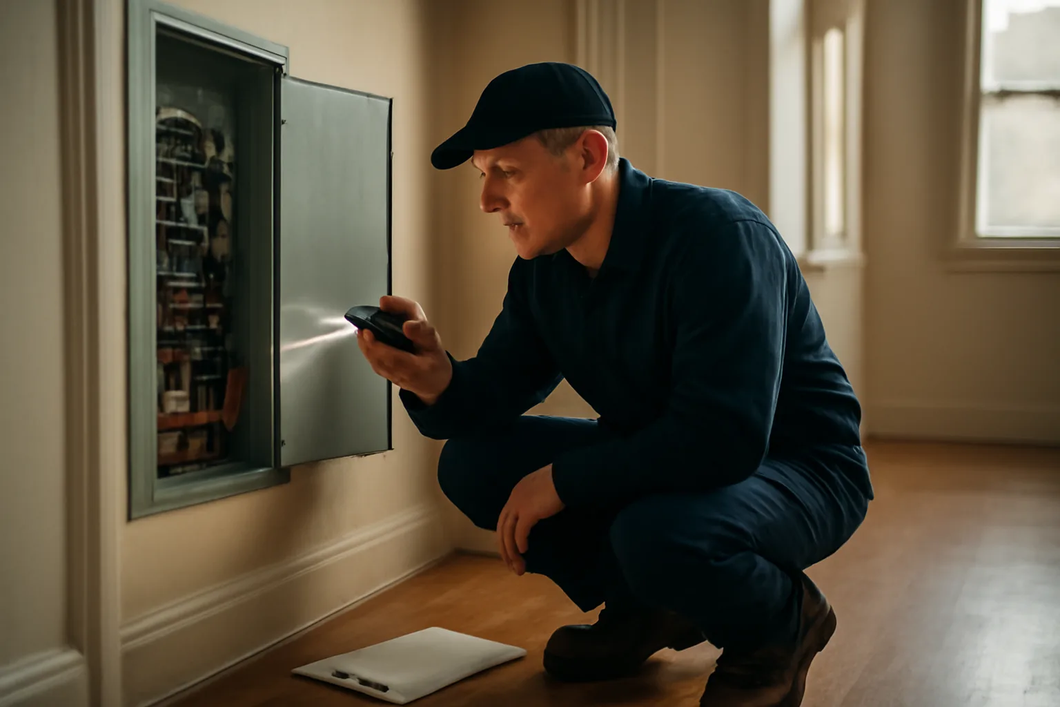 Landlord using a flashlight to check an electrical panel during a rental inspection checklist walkthrough