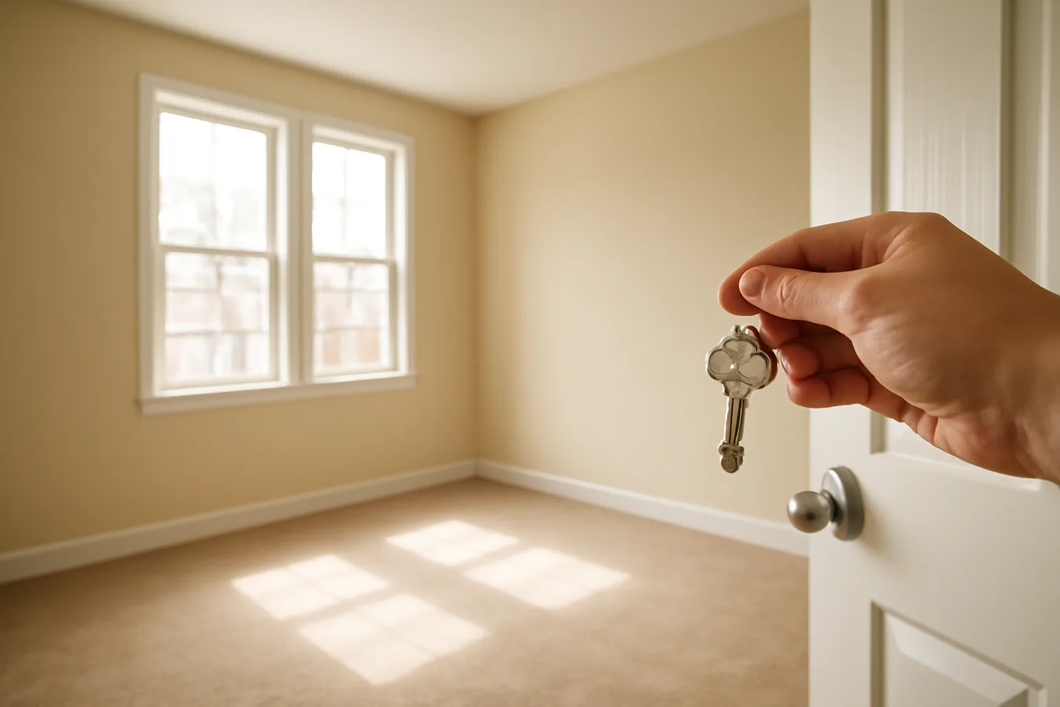 Empty rental bedroom with keys held near the open front door at move-out