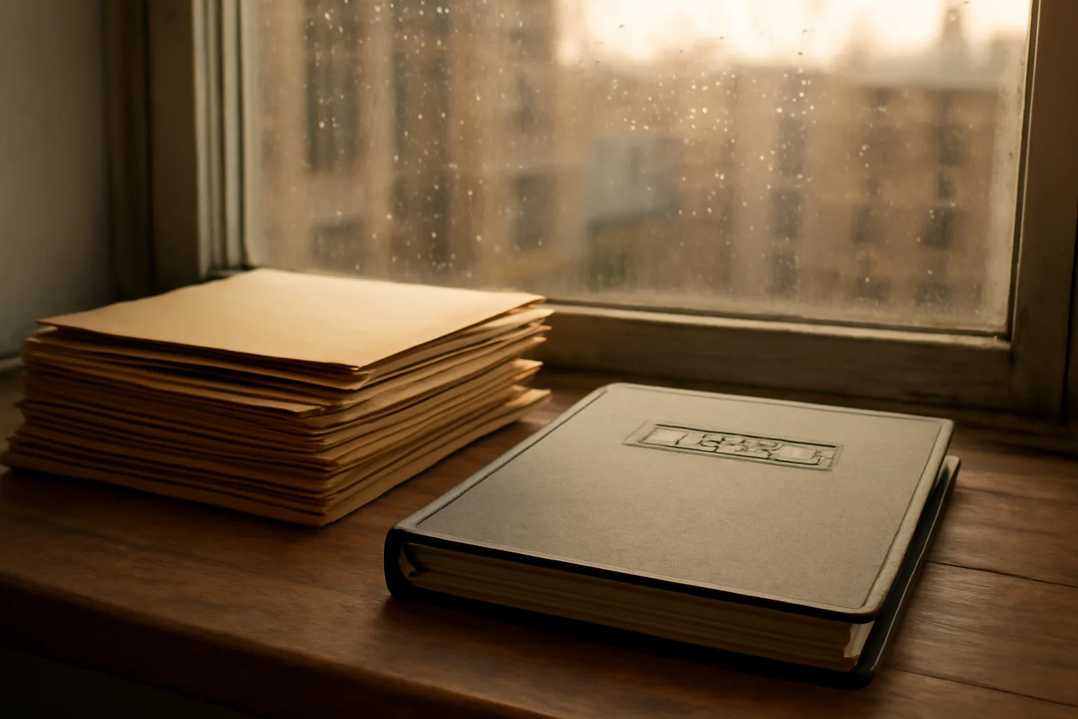 Landlord's desk with rent registration paperwork folders near a window