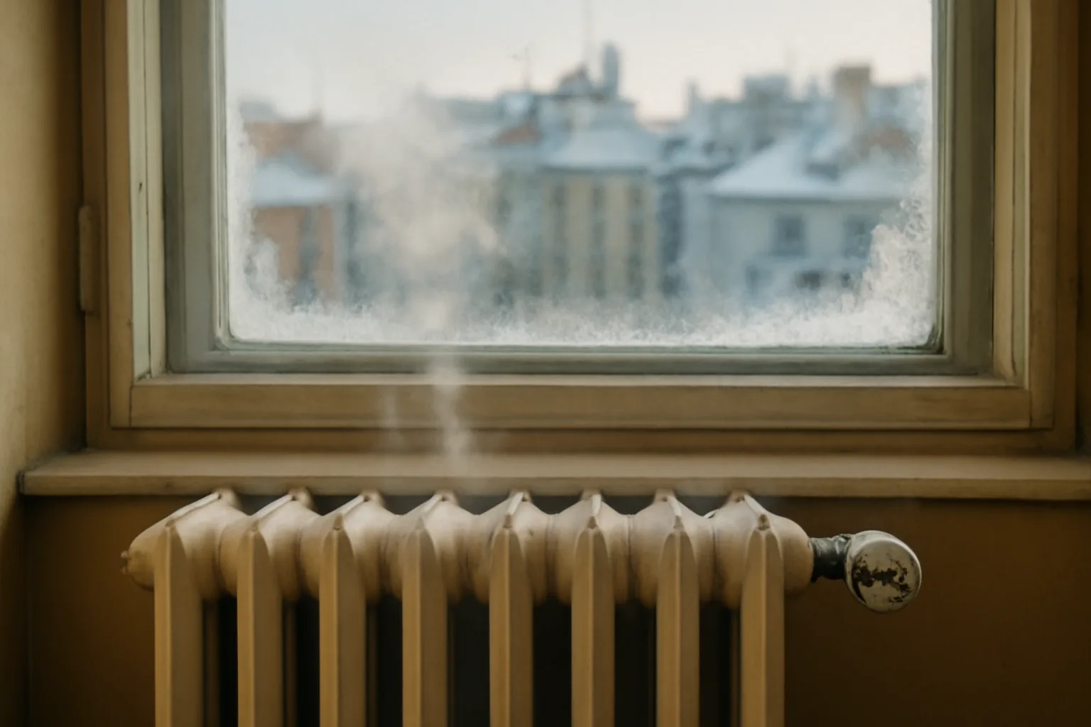 Radiator and frosted window illustrating a landlord heat requirement in winter