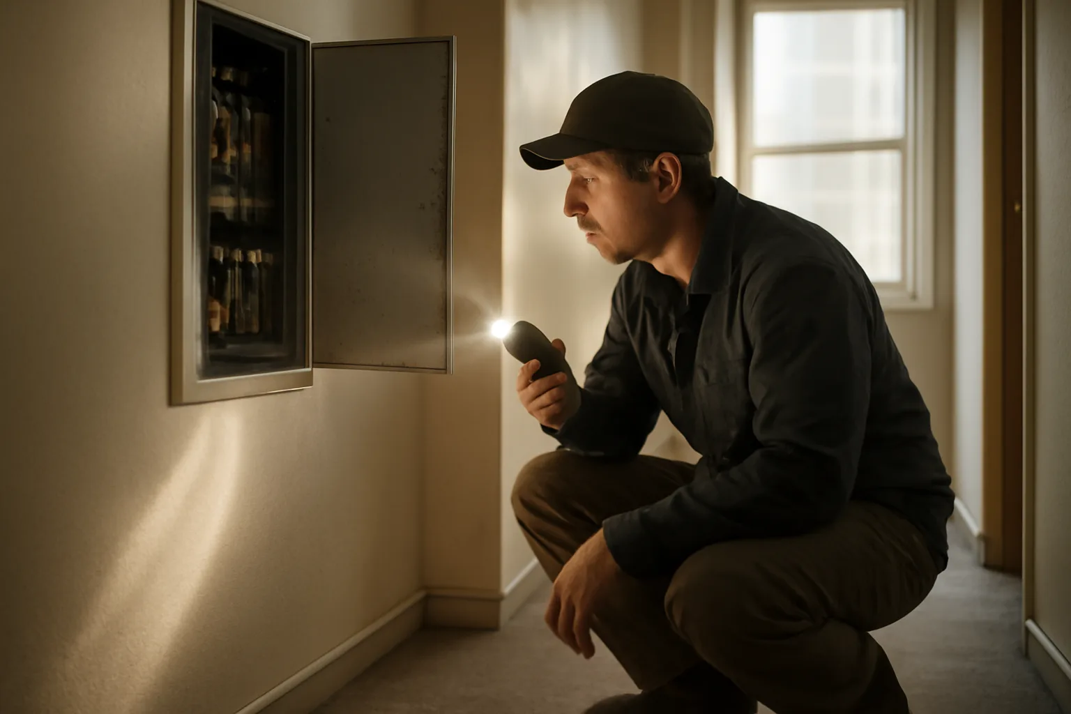 Inspector examining an electrical panel during a rental property home inspection