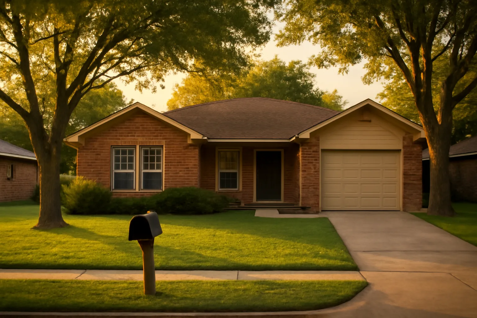 Suburban brick rental home with driveway and lawn in a Texas neighborhood at sunset