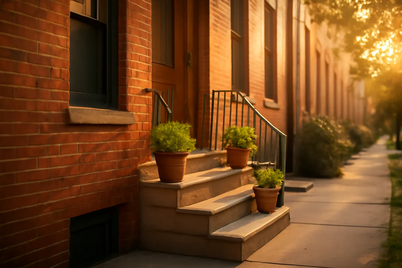 Brick rowhouse stoop in a Washington DC residential neighborhood at golden hour