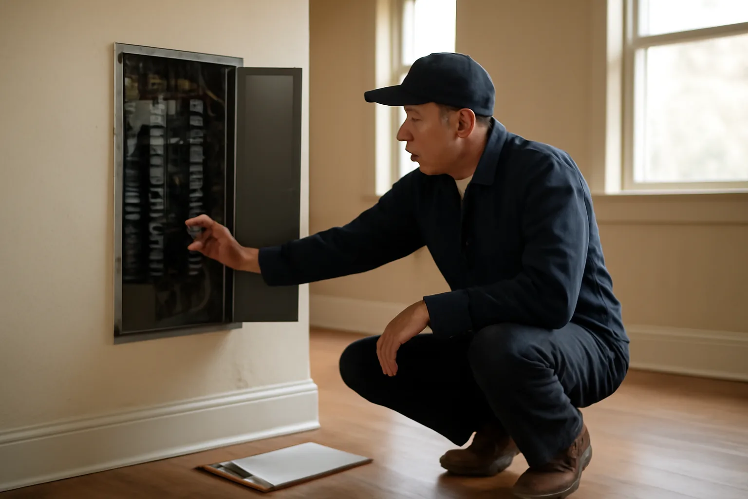 Landlord inspecting a breaker panel during a house rental checklist walkthrough