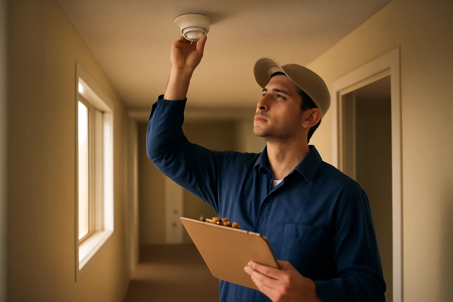 Housing inspector checking a smoke detector during a rental unit inspection