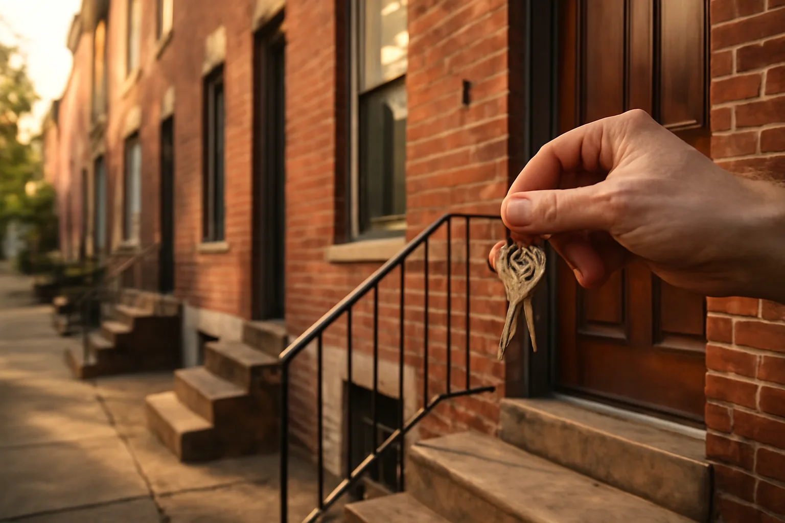 Landlord holding keys on a Philadelphia rowhouse stoop before renewing rental license