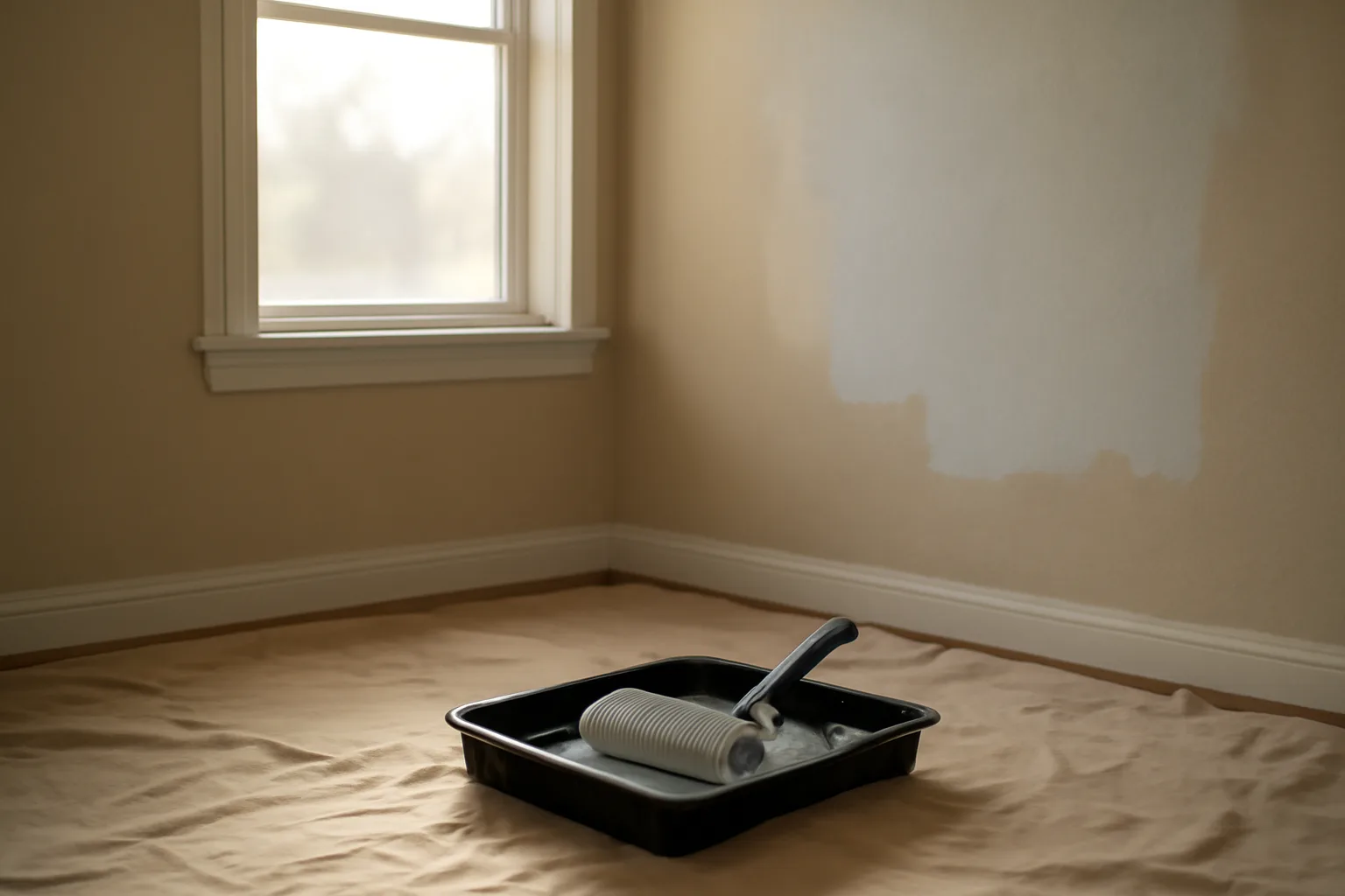 Paint roller and tray beside a half-painted wall in an empty rental unit