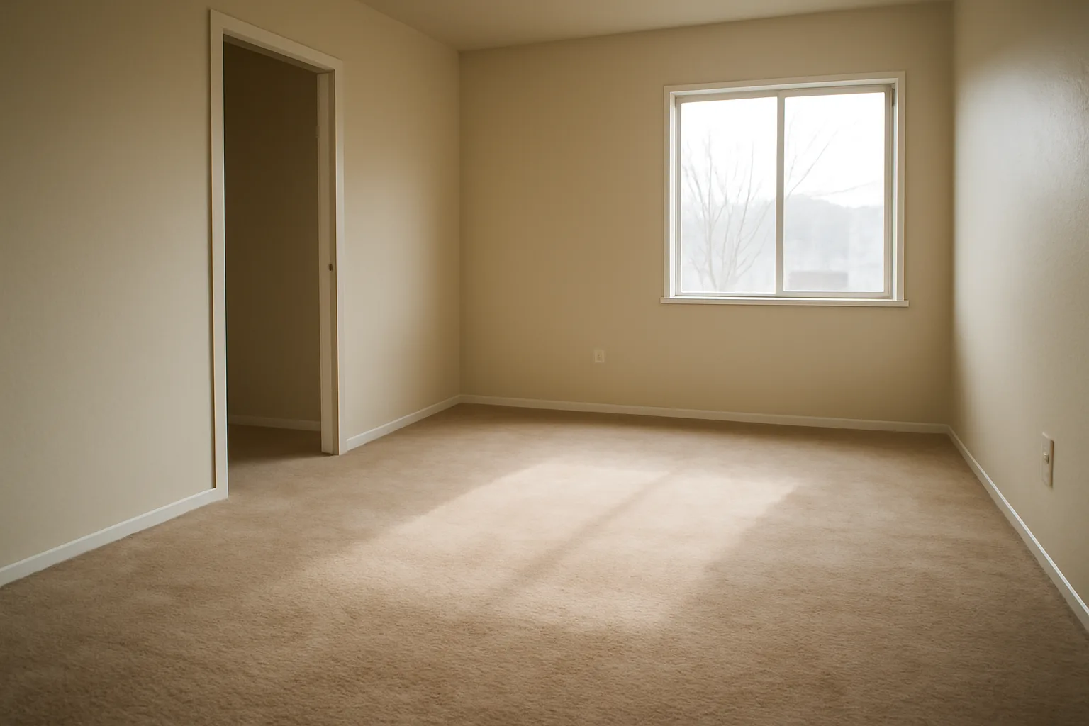 Worn carpet with visible traffic-pattern wear in an empty rental apartment bedroom