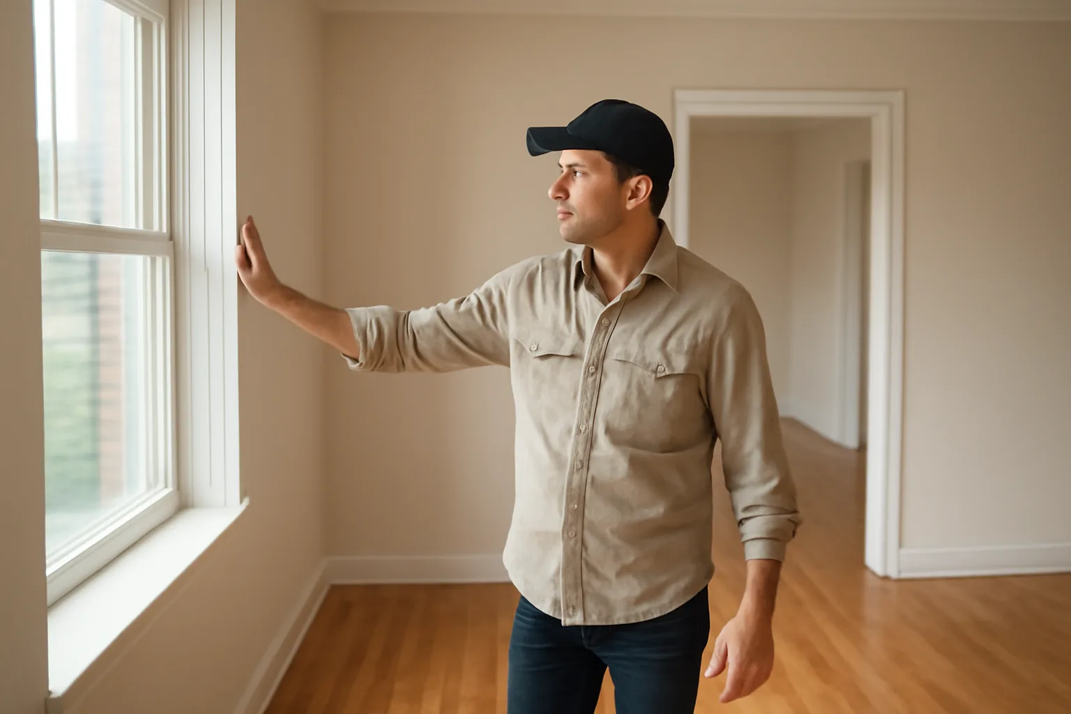 Landlord checking wall and window during a daytime rental unit inspection