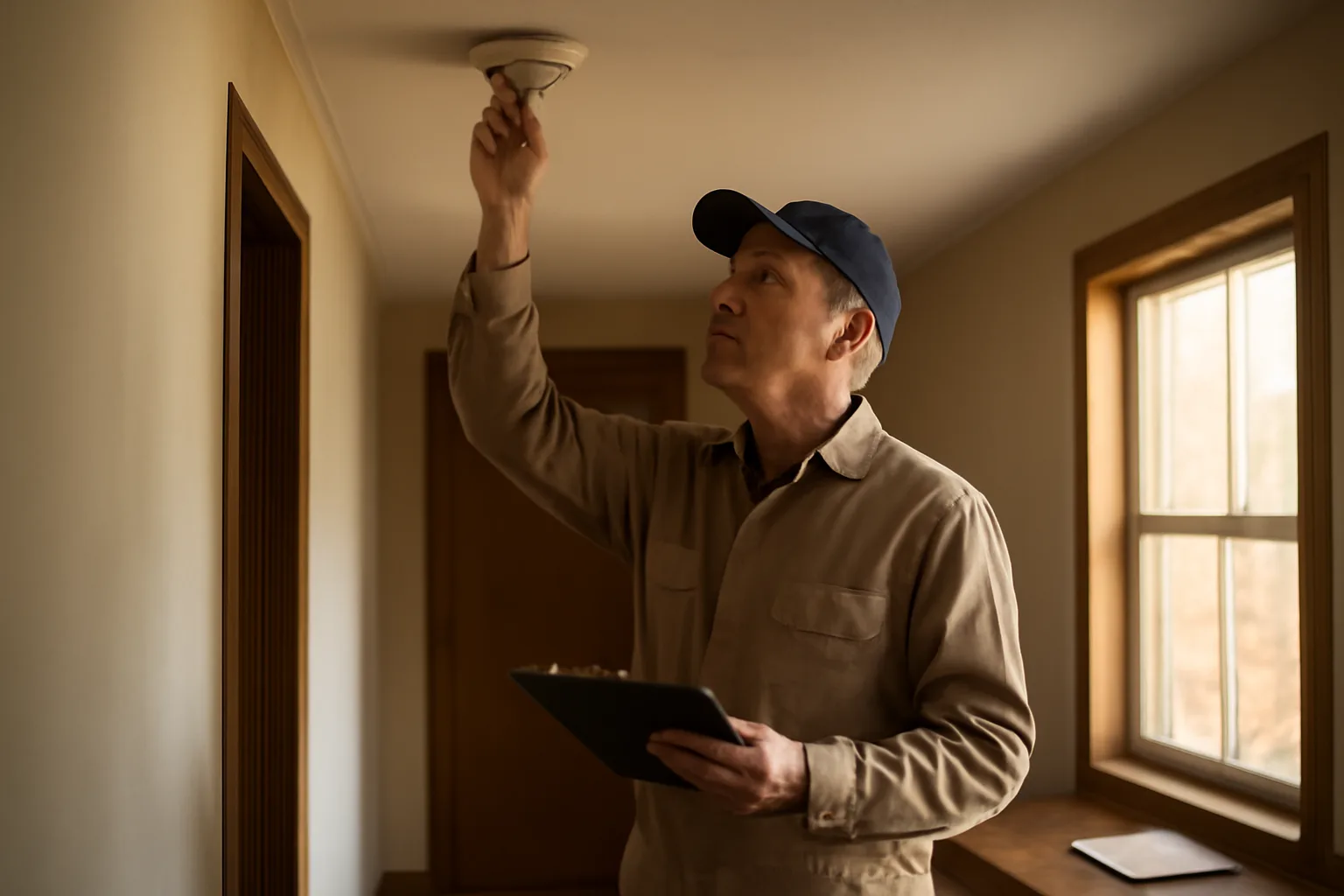 Landlord checking a smoke detector during a rental unit inspection