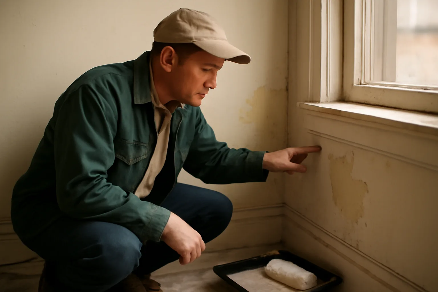 Landlord inspecting peeling wall paint near a window in an older New Jersey rental unit