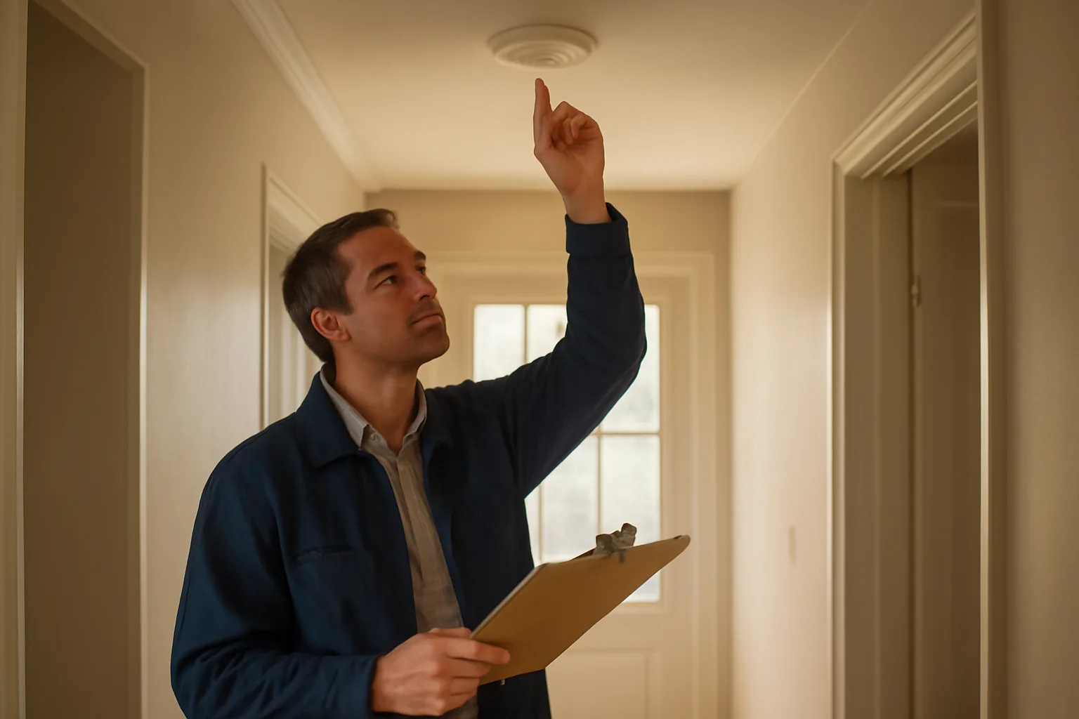 Landlord checking a smoke detector during a rental property inspection walk-through