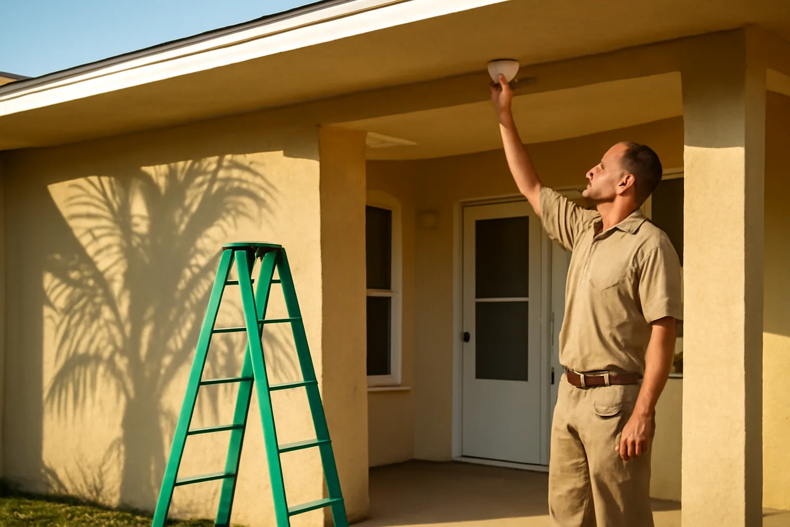 Landlord inspecting a smoke detector on a Florida rental duplex porch