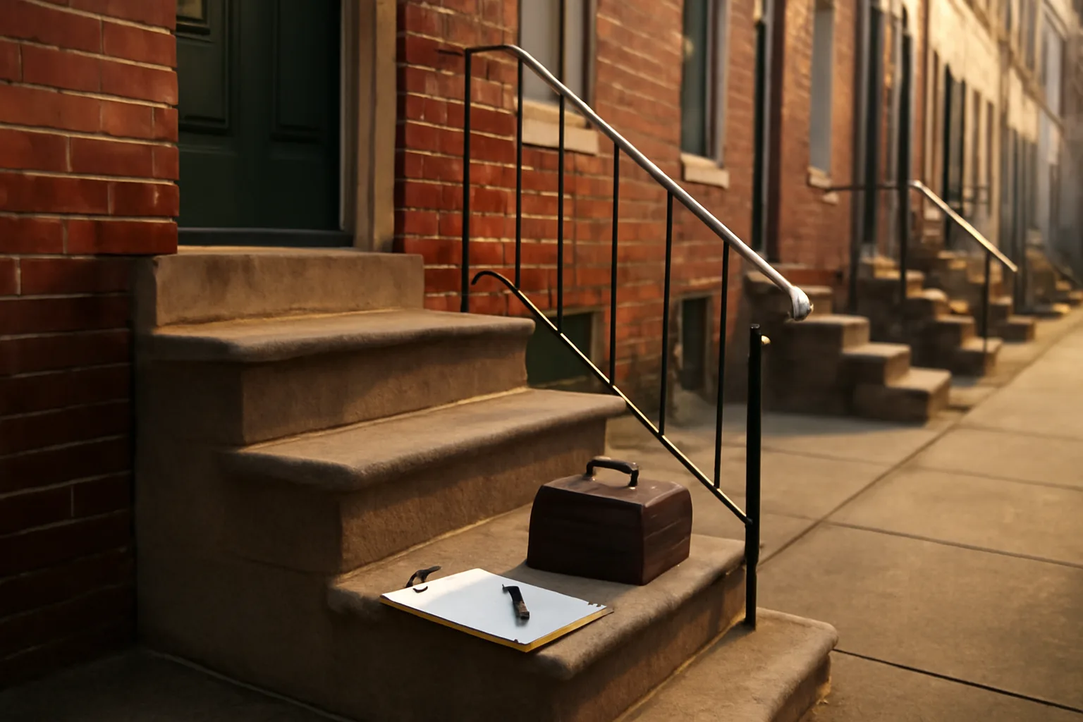 Rowhouse stoop with clipboard and toolbox representing a Maryland rental license inspection visit
