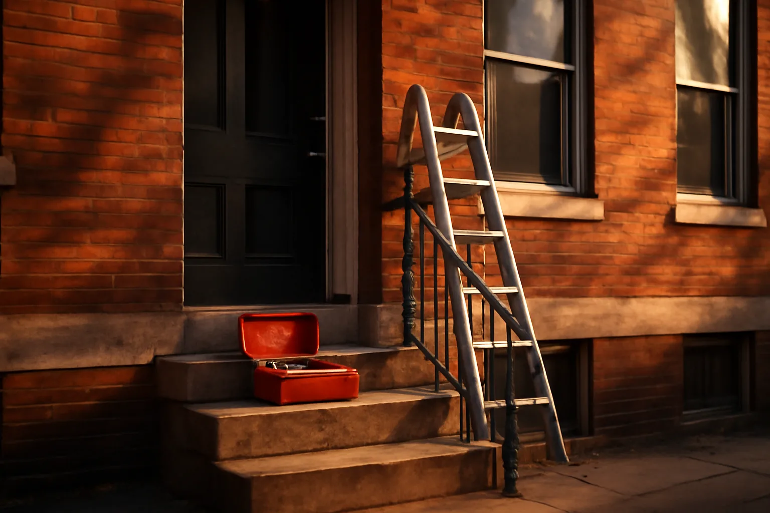 Philadelphia rowhouse stoop with ladder and toolbox during rental property maintenance