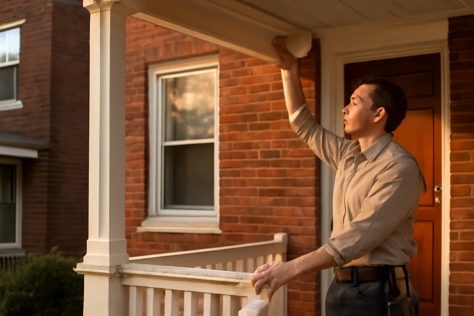 Landlord inspecting porch railing and entry door of a Howard County rental home