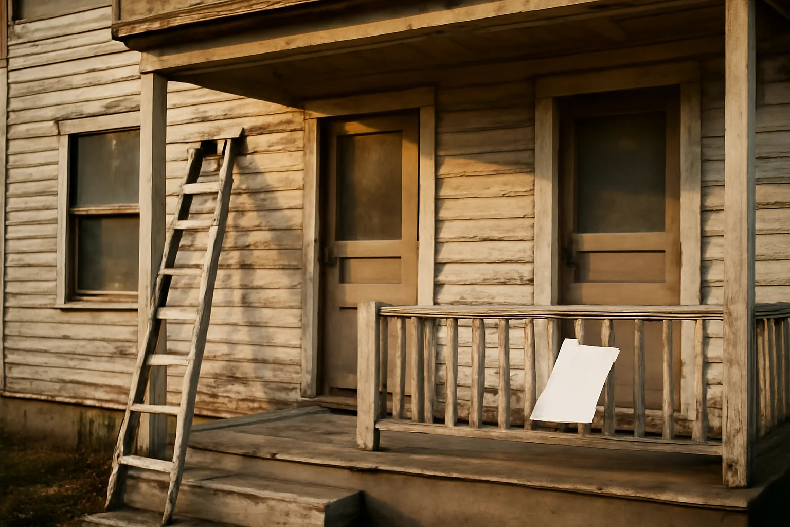 Rental duplex exterior with inspection clipboard and ladder on porch in late afternoon light