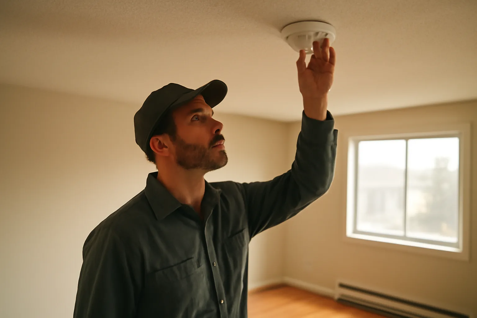 Landlord checking a smoke detector during a rental unit inspection