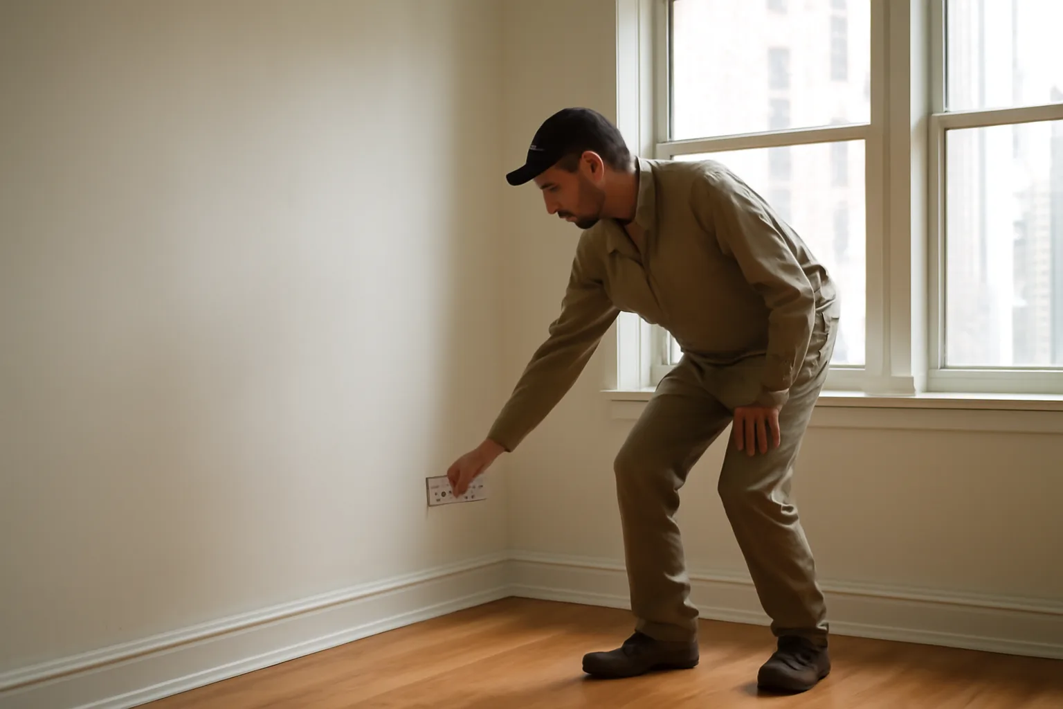 Landlord inspecting an empty rental unit's wall outlet in daylight