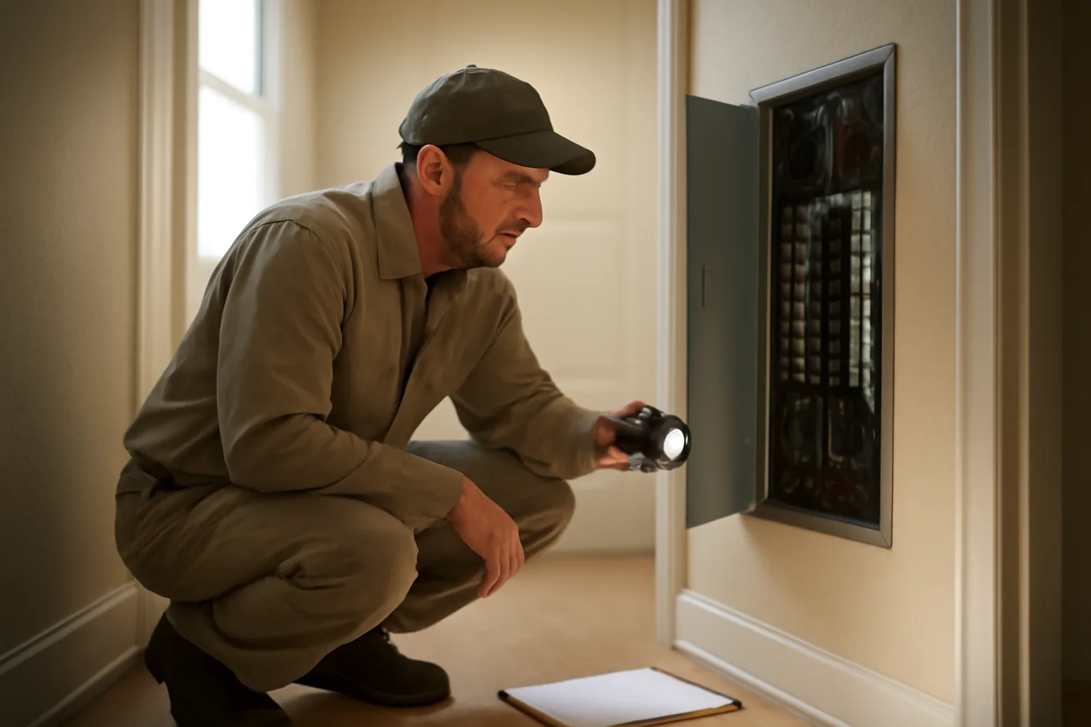 Landlord inspecting an electrical panel during a rental inspection checklist walkthrough