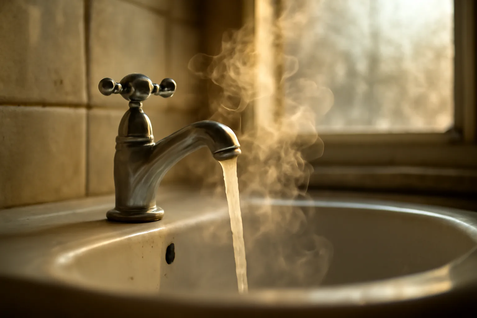 Steam rising from a running faucet, illustrating whether hot water is required by landlord