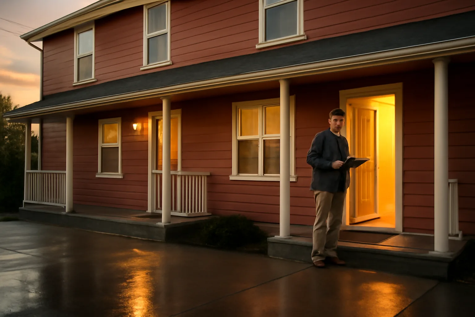 Landlord standing on rental duplex porch at golden hour holding a clipboard