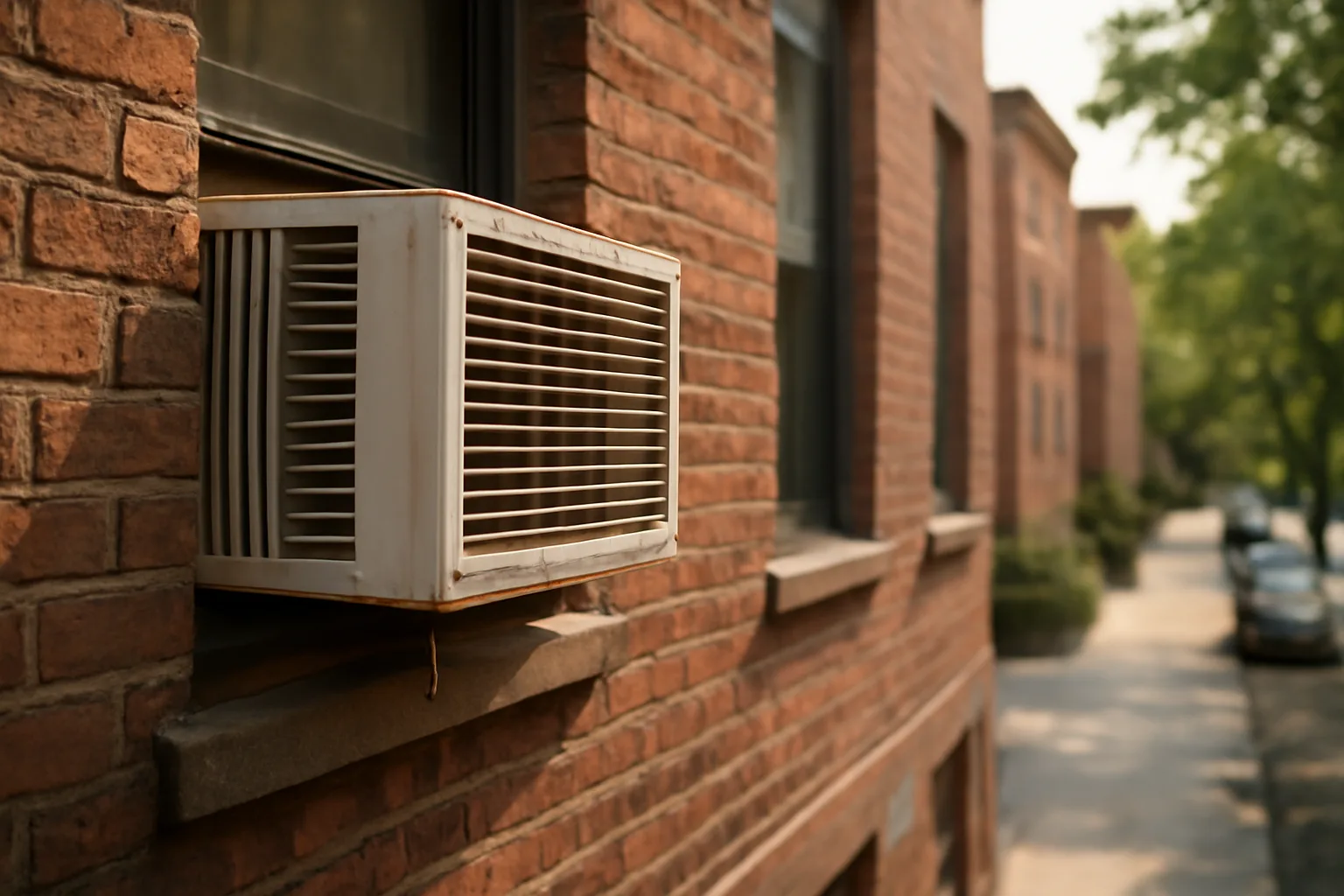 Window air conditioning unit installed in a brick apartment building during summer