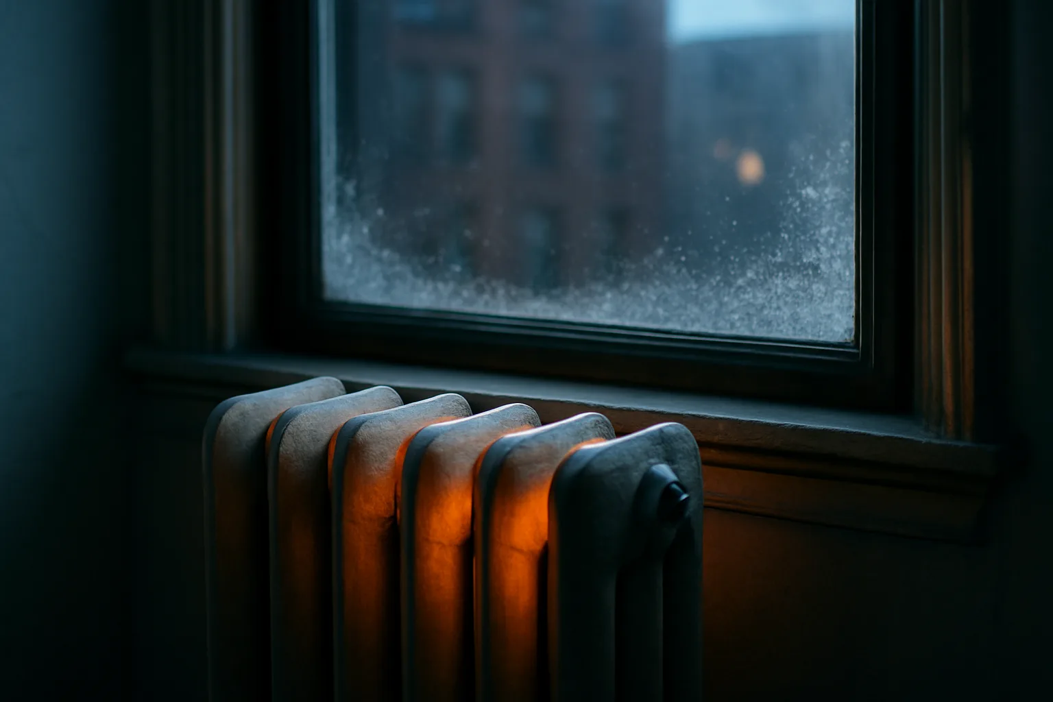 Steam radiator by a frosted window illustrating NYC landlord heat requirements in winter