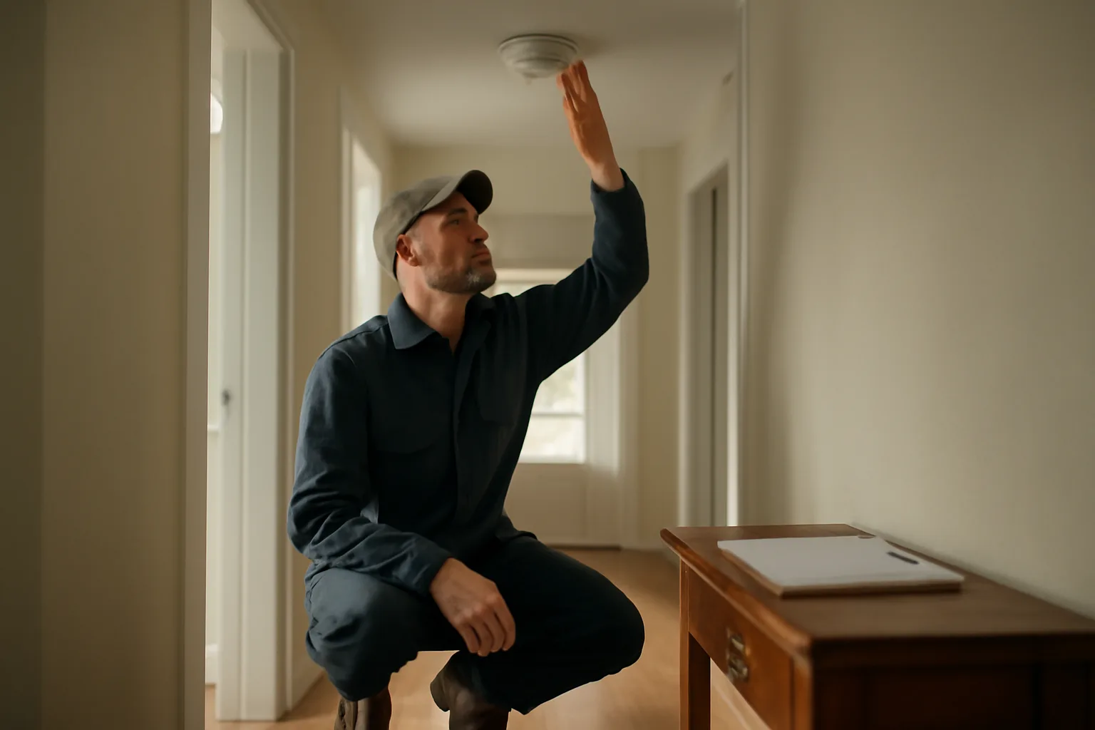 Landlord checking a smoke detector during a house inspection in a rental home hallway