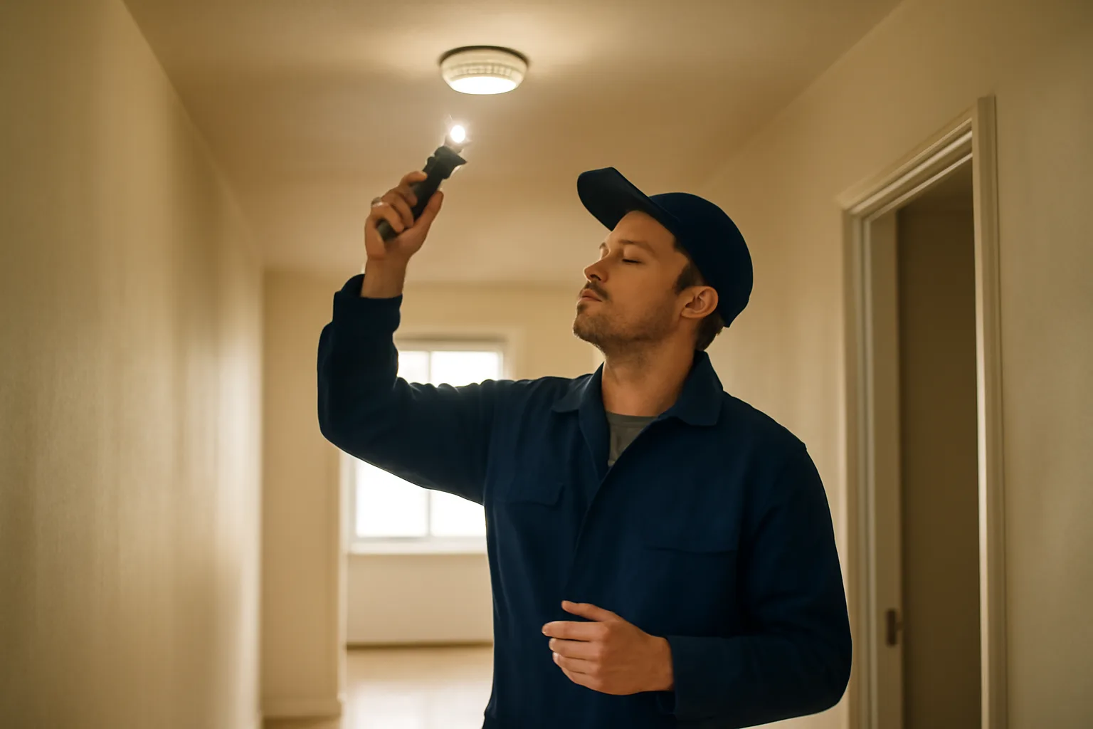 Landlord checking a smoke detector during a rental unit inspection walkthrough