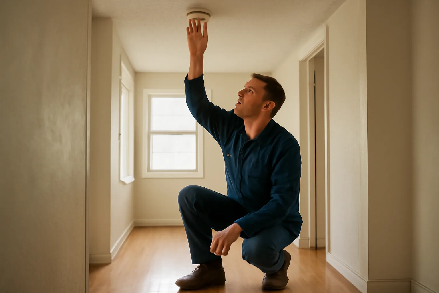 Landlord checking a smoke detector during a rental unit inspection